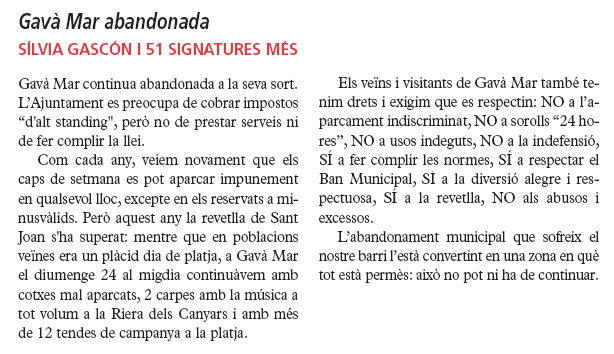 Carta publicada al peri&ograve;dic municipal de Gav&agrave; (EL BRUGUERS) denunciant l'abandonament de Gav&agrave; Mar (10 d'octubre de 2007)